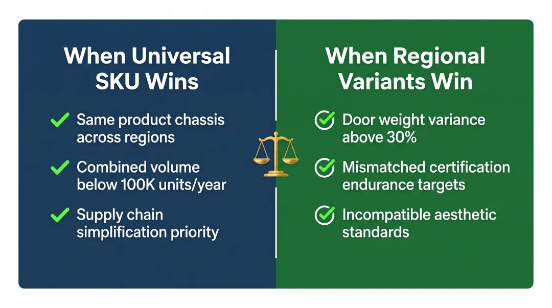 Single SKU versus regional hinge variants decision criteria side-by-side comparison infographic