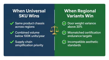 Single SKU versus regional hinge variants decision criteria side-by-side comparison infographic