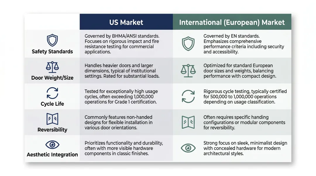 US versus European appliance hinge requirements five-dimension comparison chart