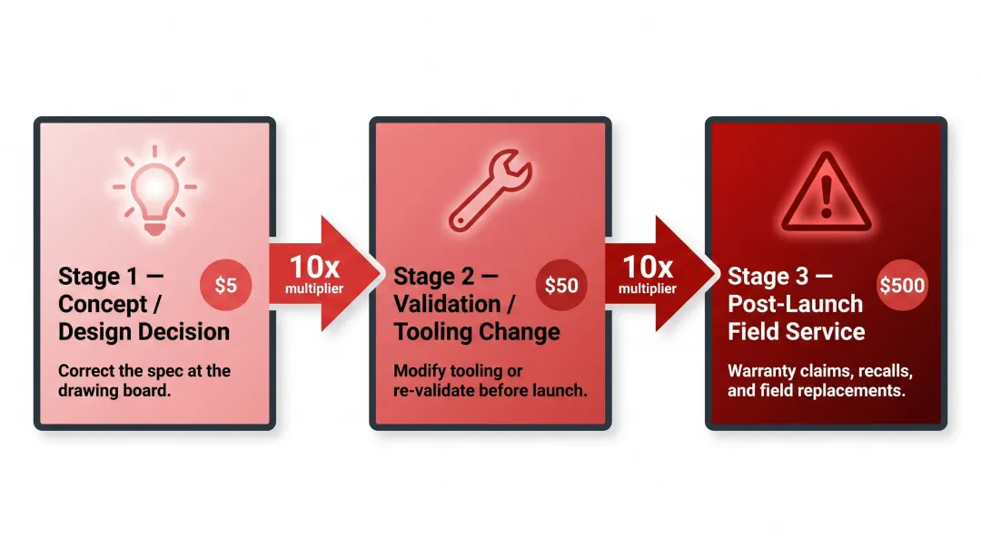 1-10-100 quality rule cost escalation from design to field service