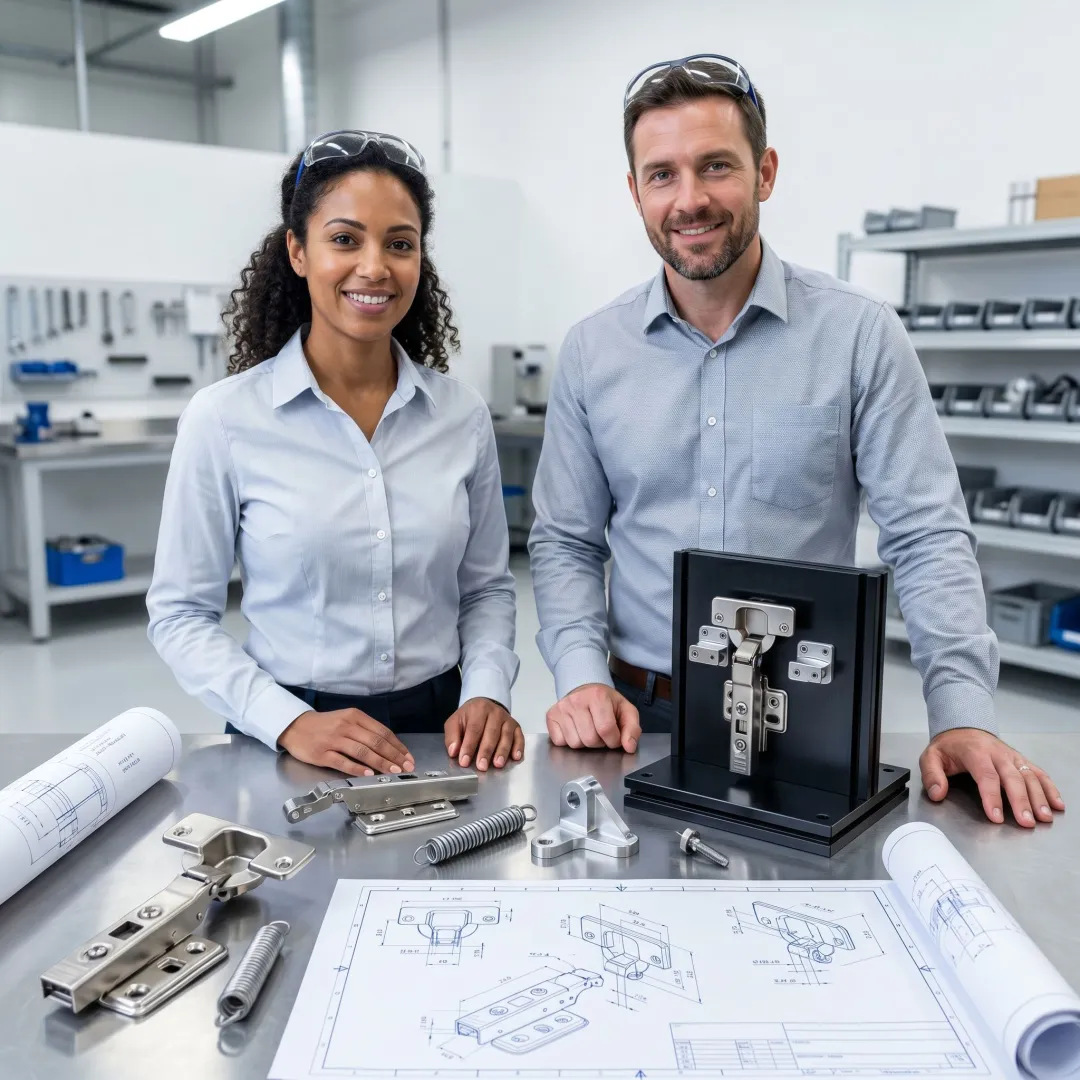 Engineers reviewing dishwasher hinge and counterbalance design
