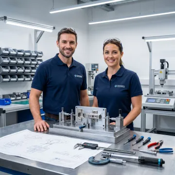 Engineers reviewing an appliance hinge prototype