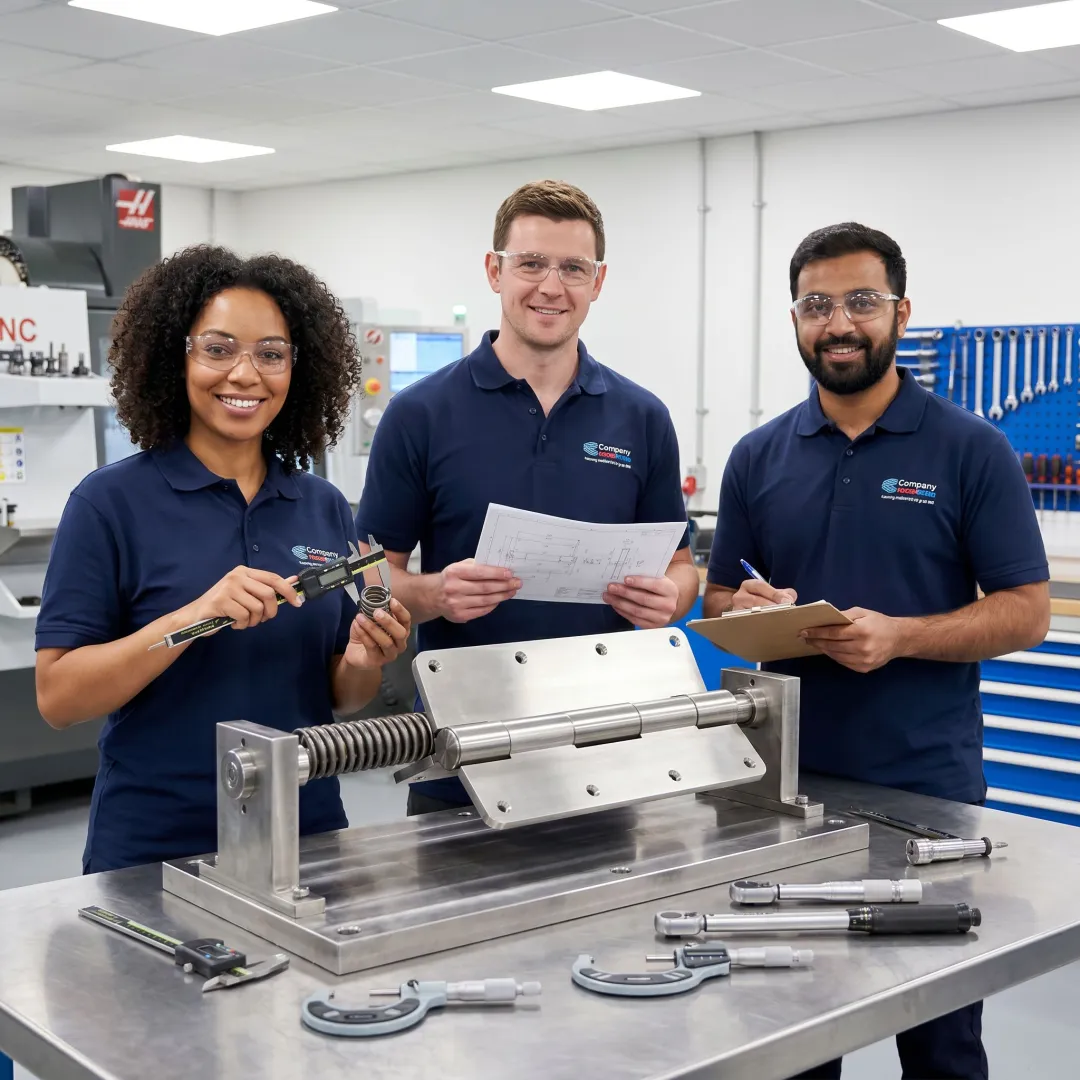 Engineers reviewing a heavy door hinge prototype