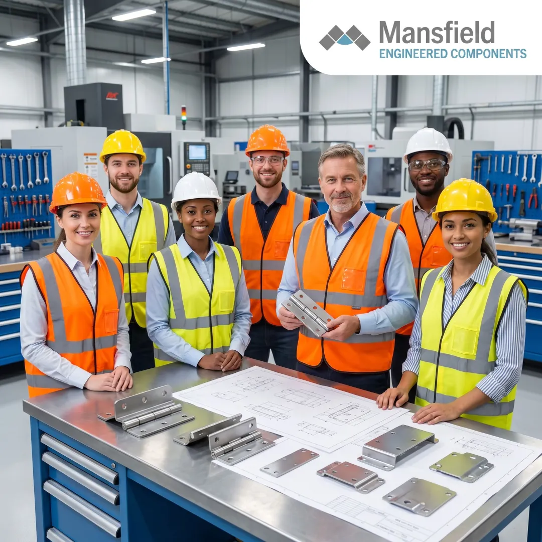 Engineers reviewing custom hinge fabrication components