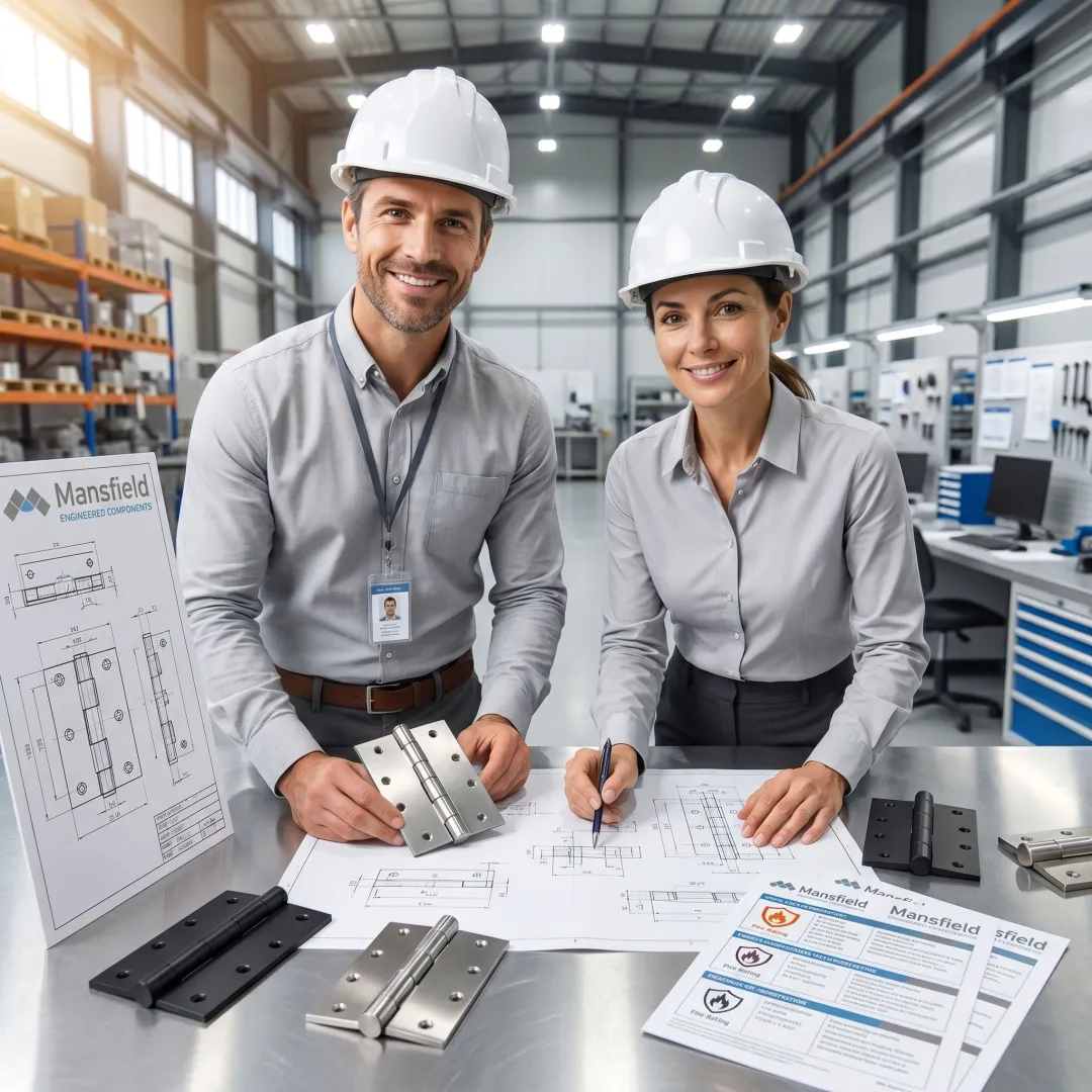 Engineers reviewing custom hinge component designs