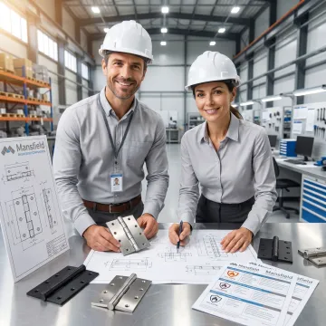 Engineers reviewing custom hinge component designs