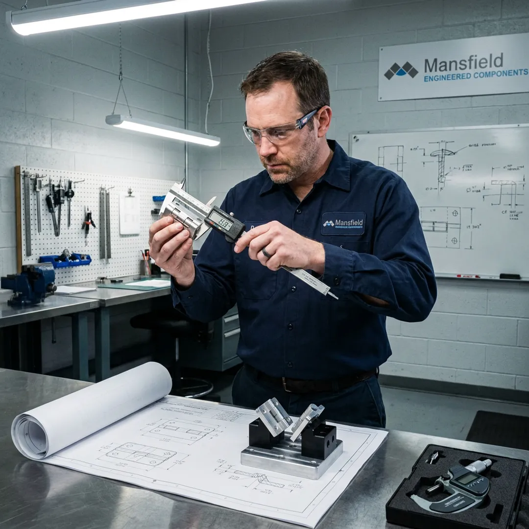 Engineer inspecting aluminum hinge prototypes
