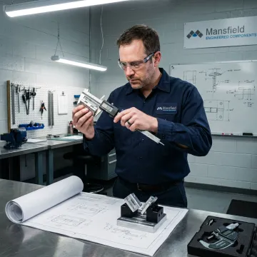 Engineer inspecting aluminum hinge prototypes