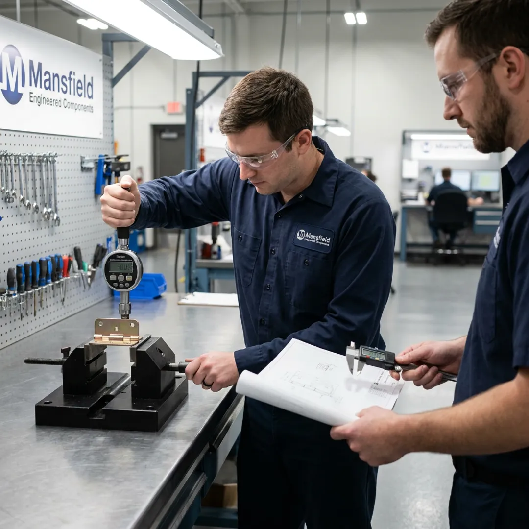 Engineers testing a heavy duty hinge prototype