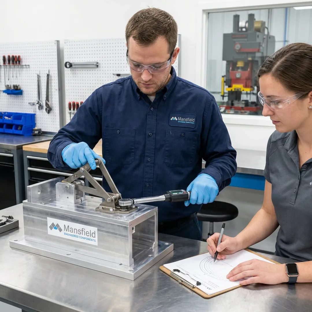 Engineers testing automotive hinge prototypes