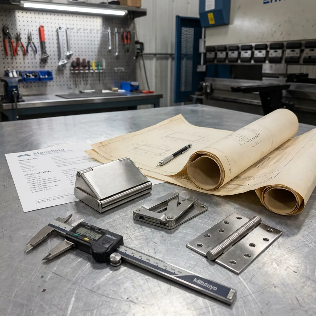 Custom stainless steel hinge components on a manufacturing workbench