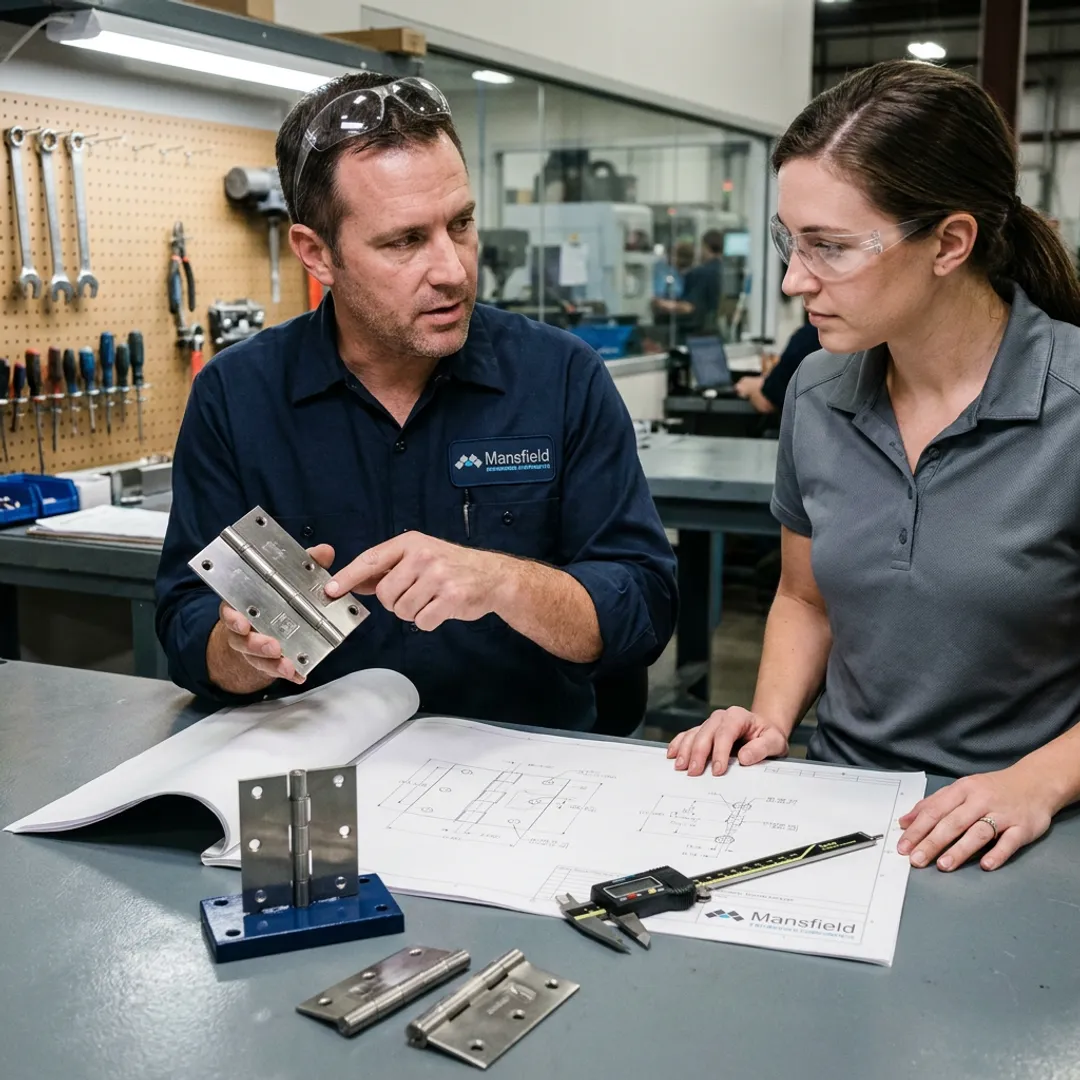 Engineers reviewing stainless steel hinge prototypes