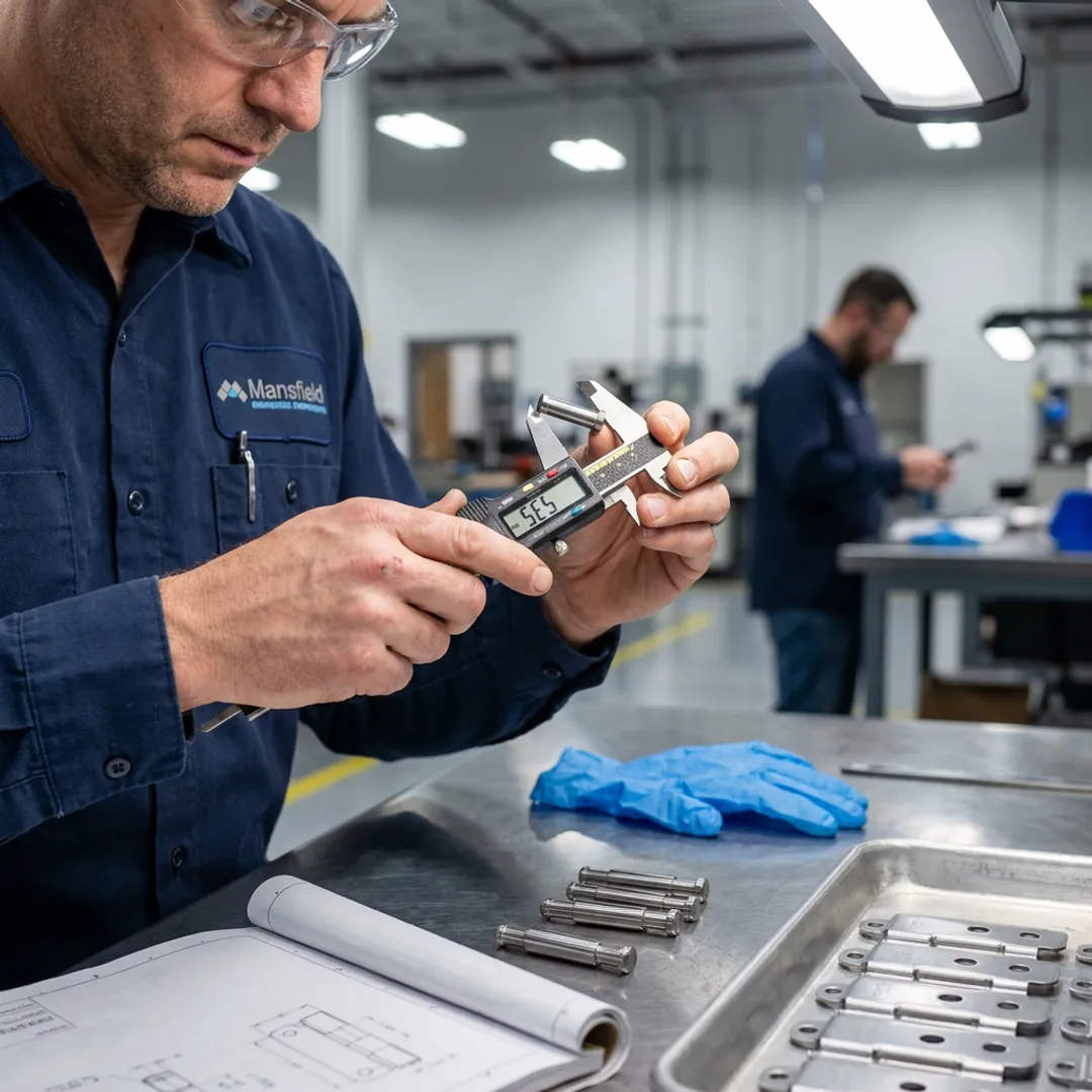 Engineer inspecting hinge pin prototypes