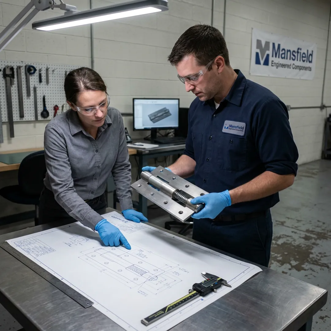 Engineers reviewing custom hinge prototype