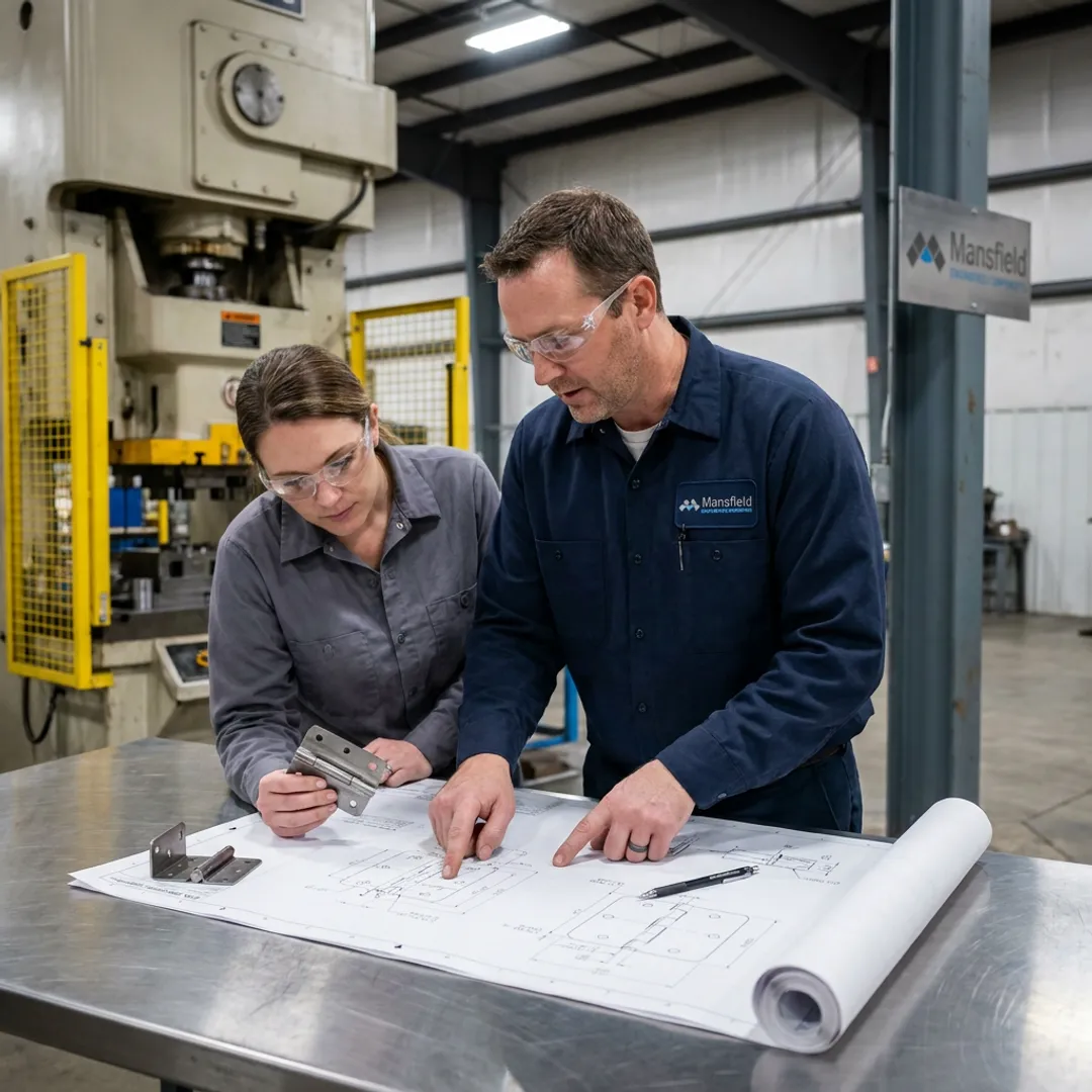 Engineers reviewing oven hinge prototypes