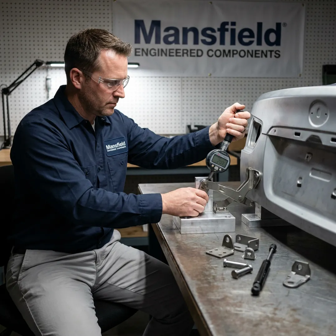 Engineer testing an automotive trunk hinge prototype