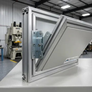 Custom hinge installed on a T-slot framing system