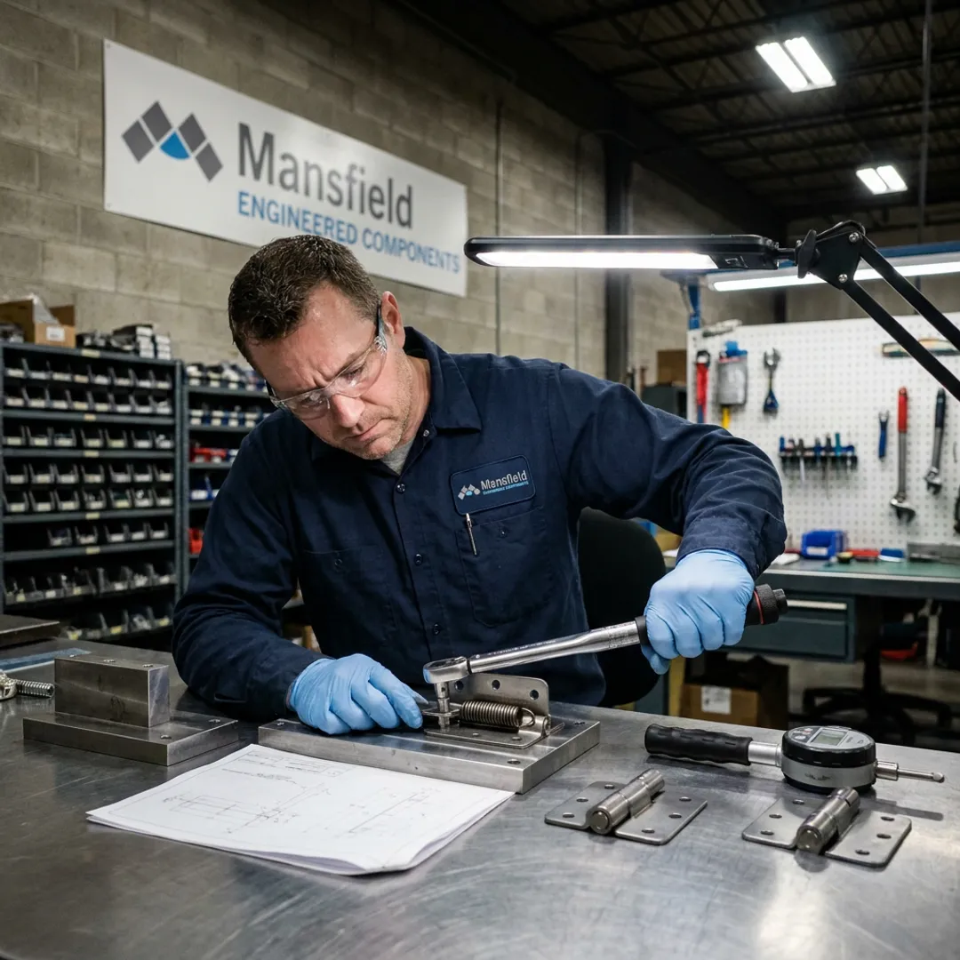 Engineer inspecting custom spring hinge assembly