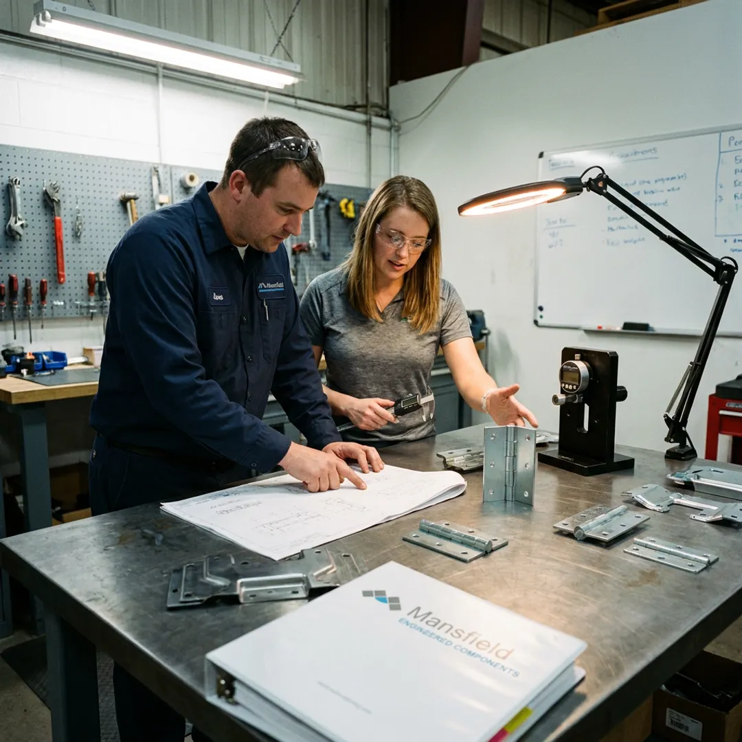 Engineers validating a prototype hinge assembly
