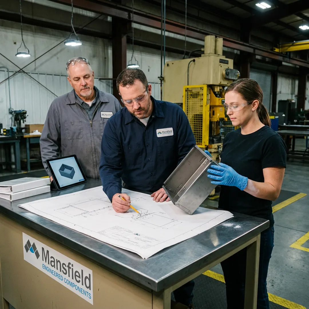 Engineers reviewing hinged enclosure prototype