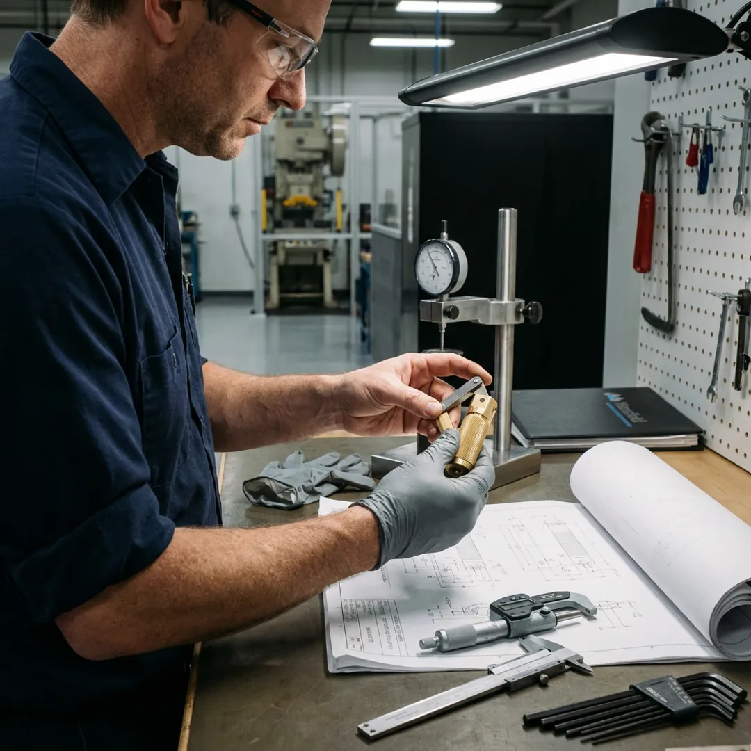 Engineer inspecting friction hinge prototype