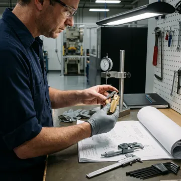 Engineer inspecting friction hinge prototype