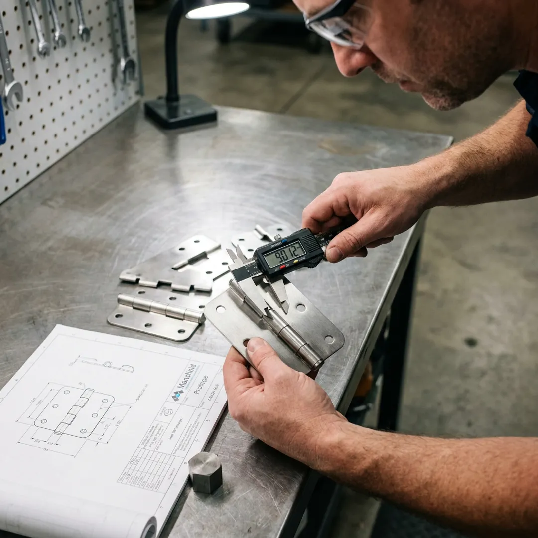 Engineer inspecting stainless steel hinge components