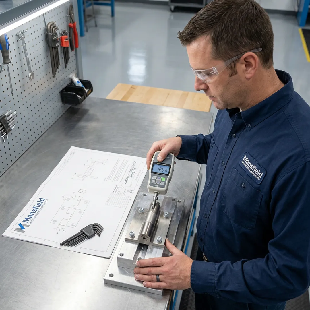 Engineer reviewing torque hinge prototype