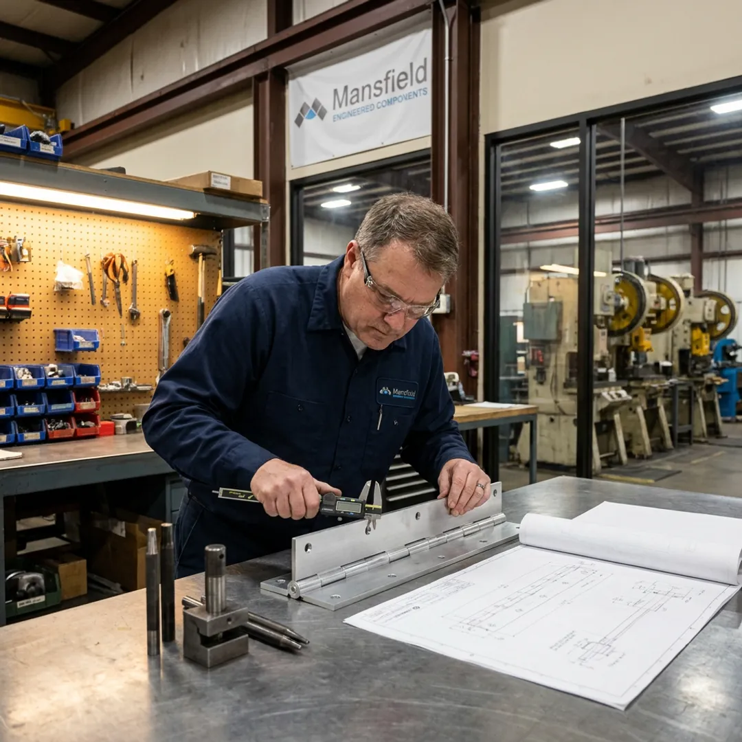 Engineer inspecting aluminum continuous hinge prototype