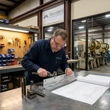 Engineer inspecting aluminum continuous hinge prototype