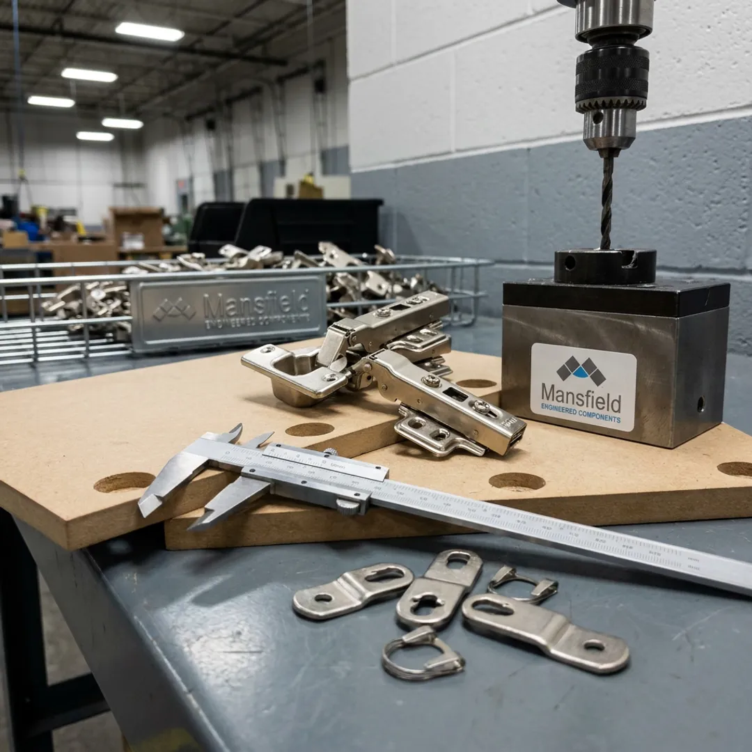 Cabinet hinge boring setup with precision hinge hardware