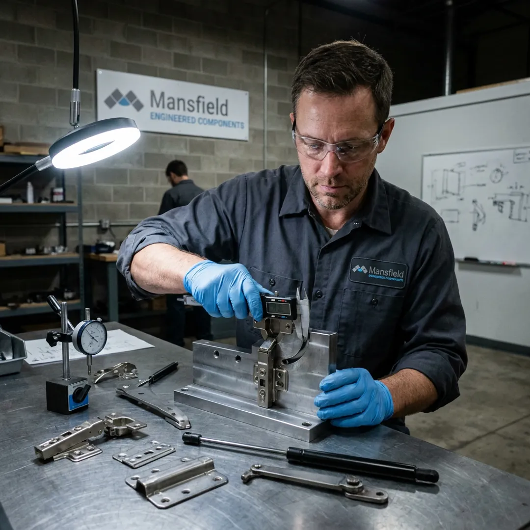 Engineer testing cabinet hinge prototype