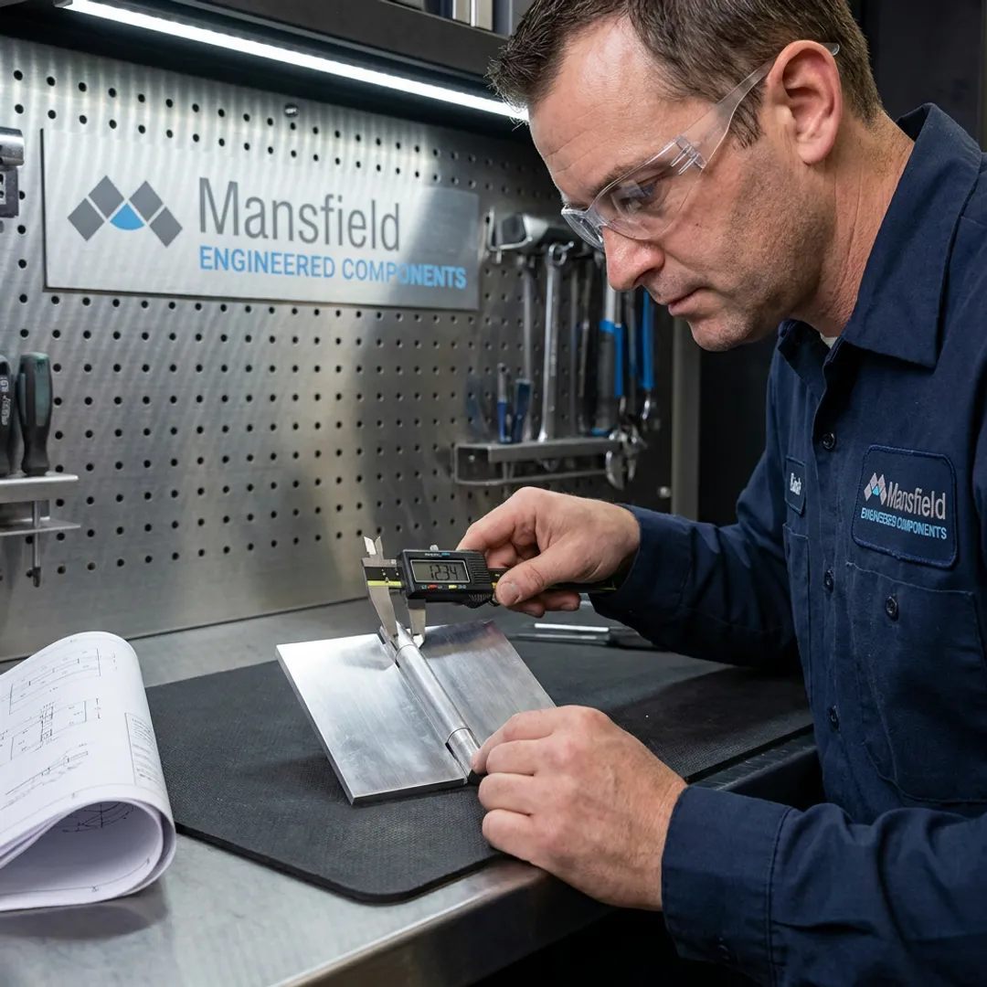 Engineer inspecting custom hinge prototype
