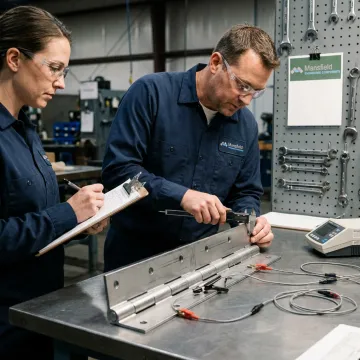 Engineers testing a custom continuous hinge prototype