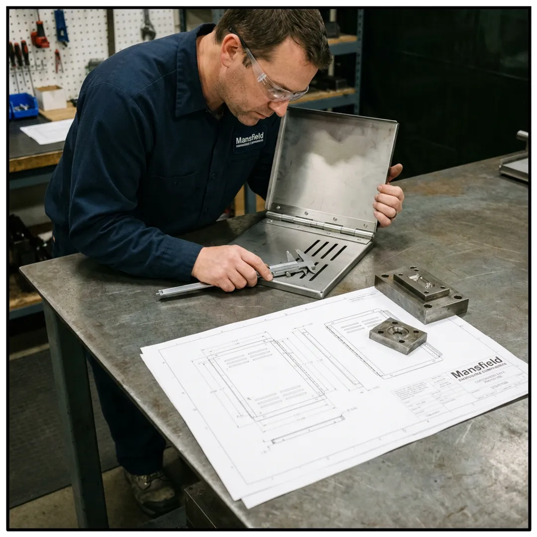 Engineer inspecting a hinged rack panel prototype