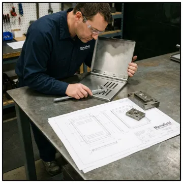 Engineer inspecting a hinged rack panel prototype