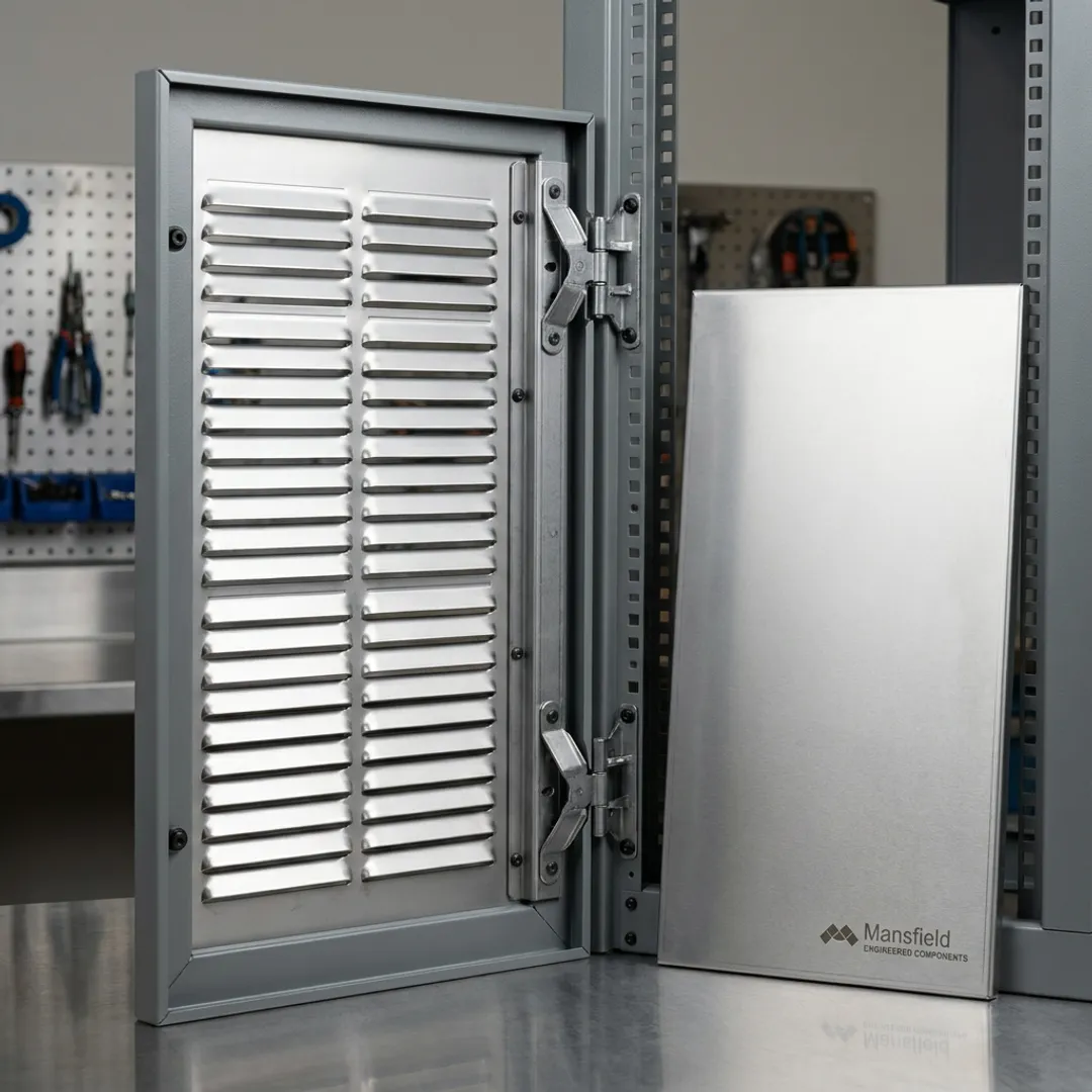 Custom hinged rack panel in a metal enclosure