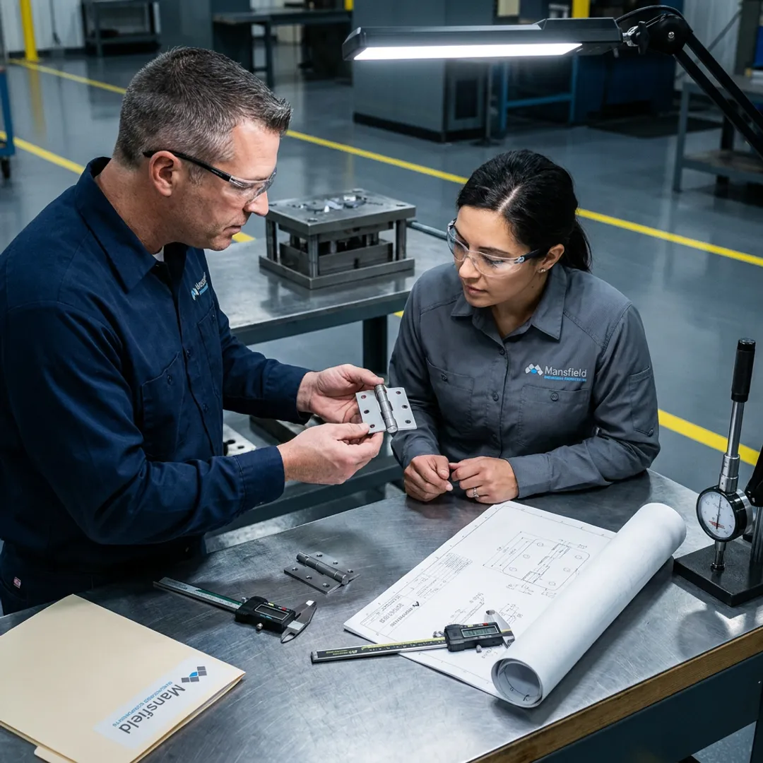 Manufacturing team reviewing metal component prototypes