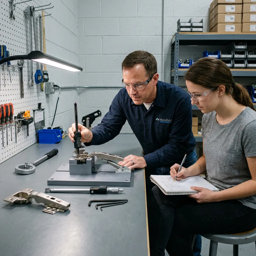 Engineers testing cabinet hinge prototypes
