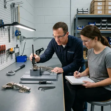 Engineers testing cabinet hinge prototypes