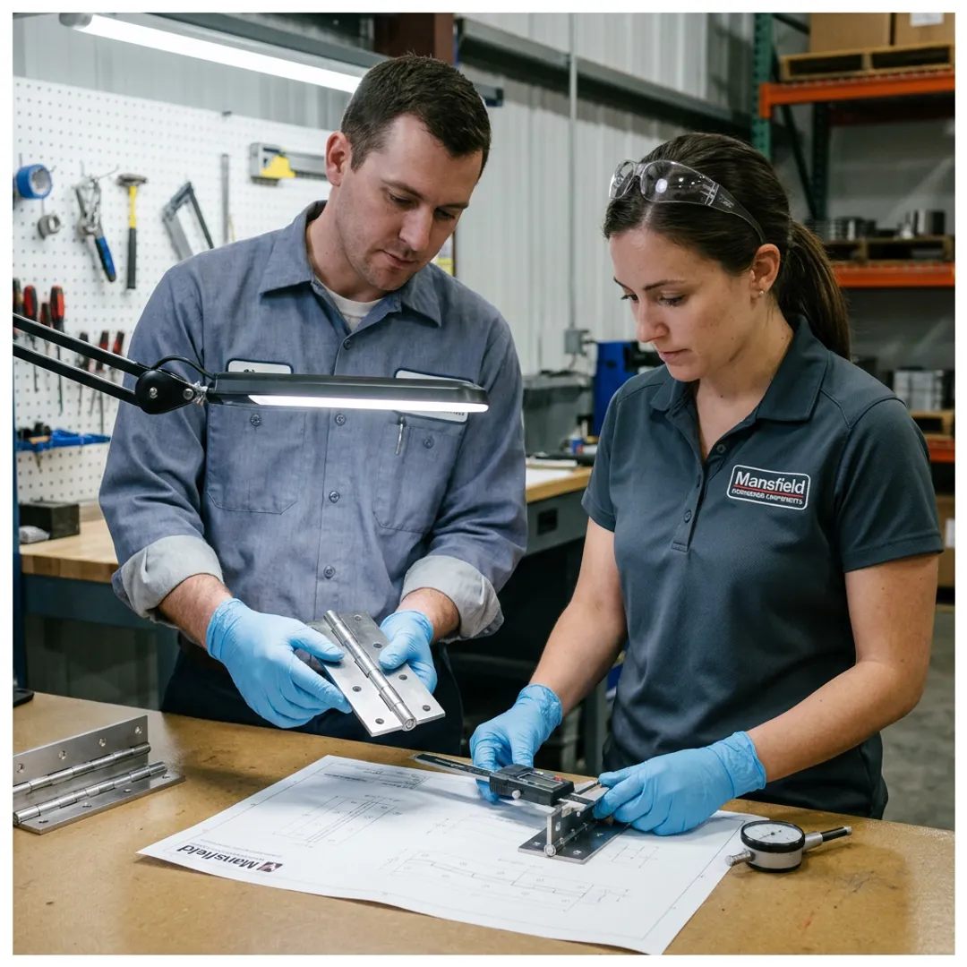 Engineers inspecting a stainless steel hinge prototype