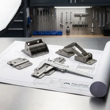 Custom torsion spring hinge components on an engineering bench