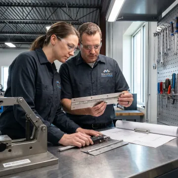 Engineers reviewing custom hinge prototypes