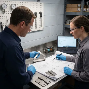 Engineers reviewing hinge prototypes and procurement specifications