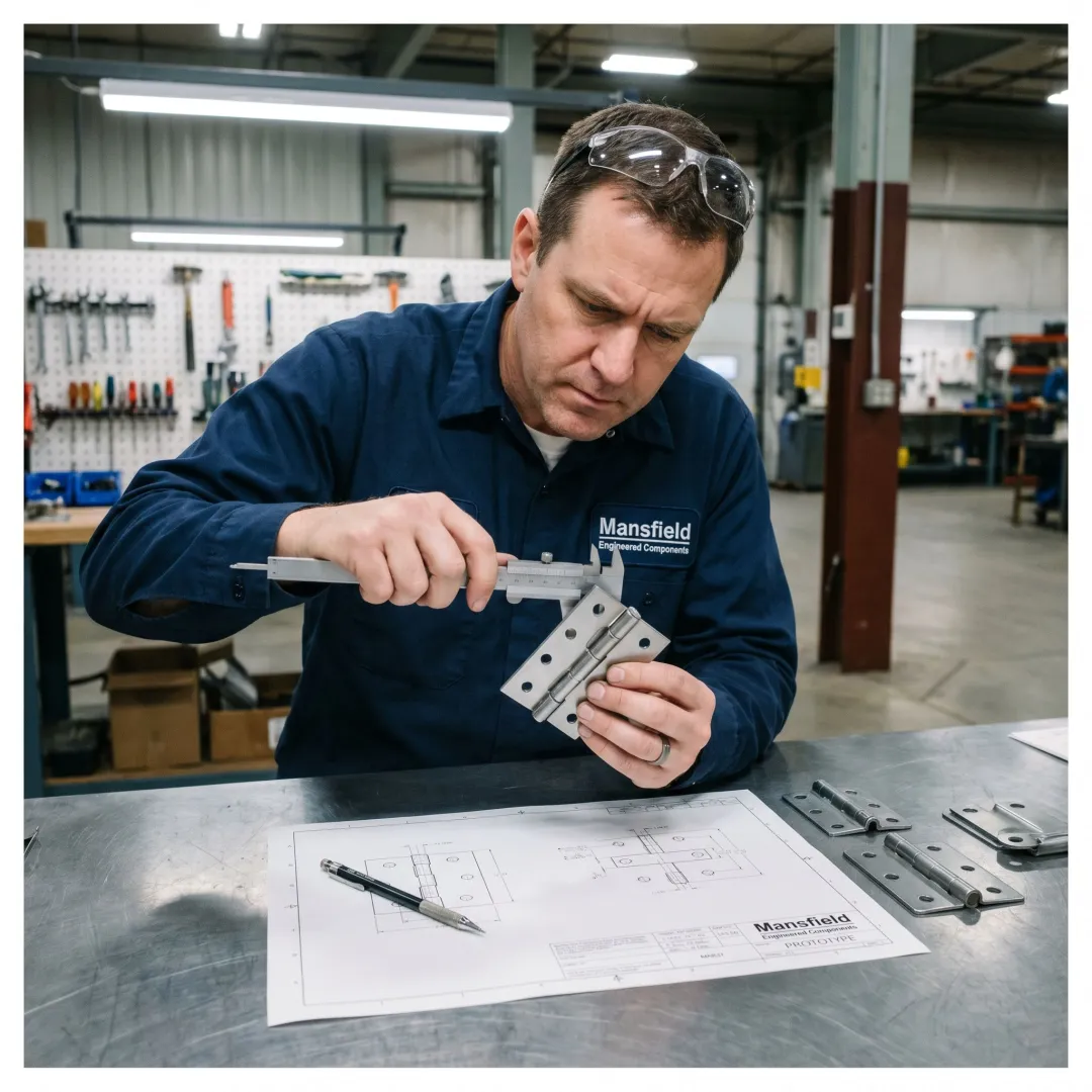 Engineer reviewing industrial hinge prototype