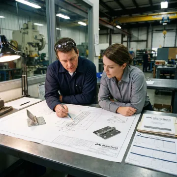 Engineers reviewing hinge drawings and sourcing documents