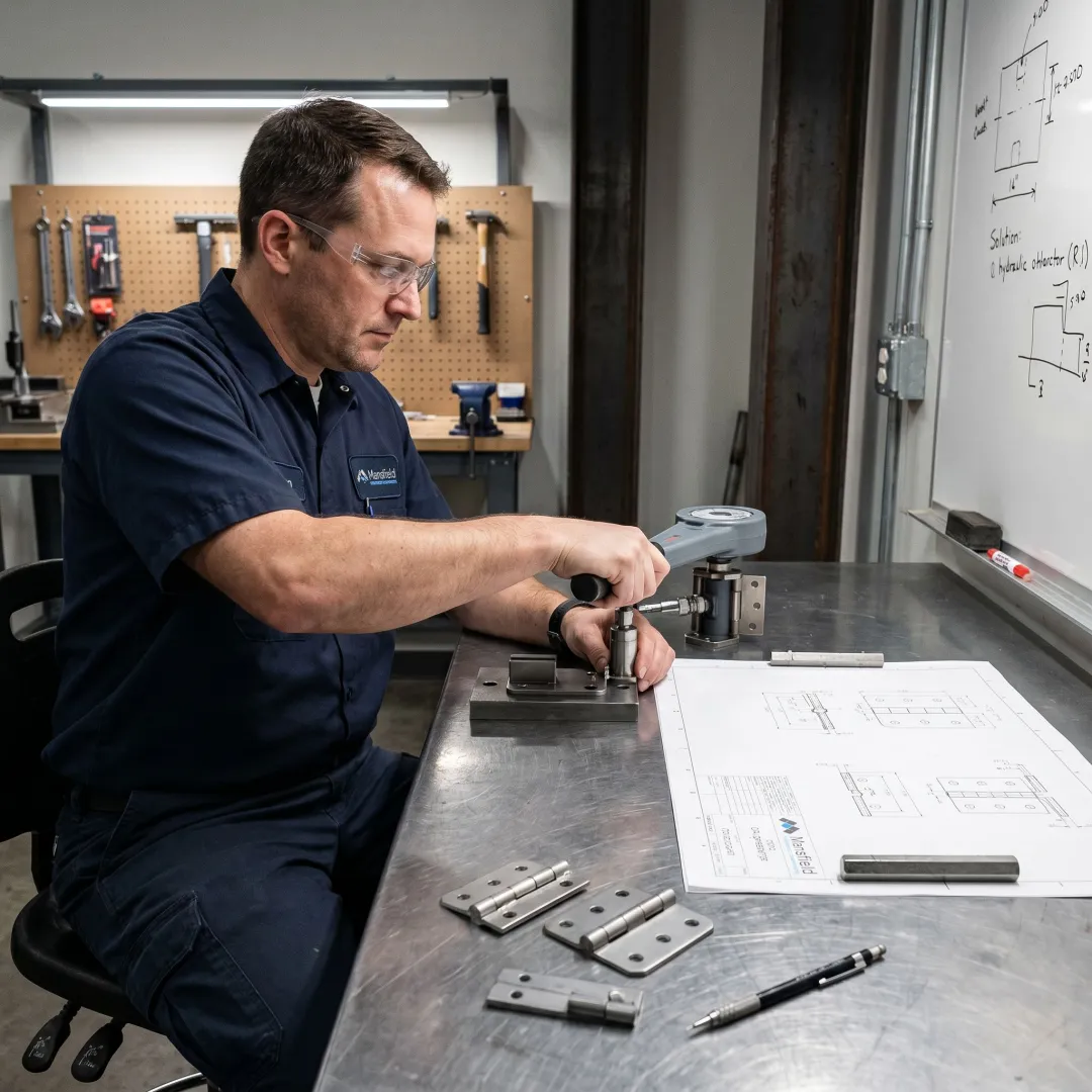 Engineer testing a custom hydraulic hinge prototype