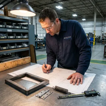 Engineer reviewing cabinet manufacturing prototype