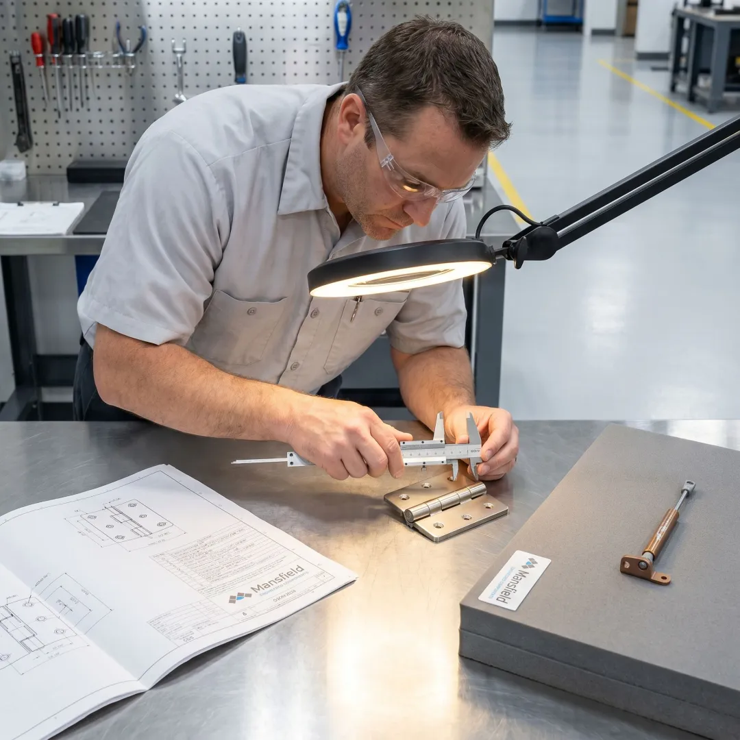 Engineer reviewing nickel plated hinge assembly