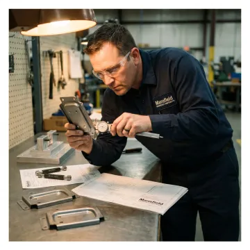 Engineer reviewing sheet metal parts and tooling plans